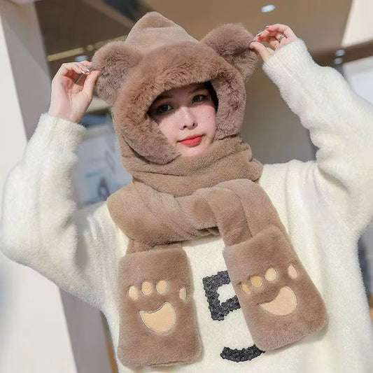 Ultra-Soft Bear Ears Hooded Scarf & Paw Mittens Set