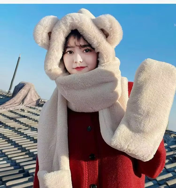 Ultra-Soft Bear Ears Hooded Scarf & Paw Mittens Set