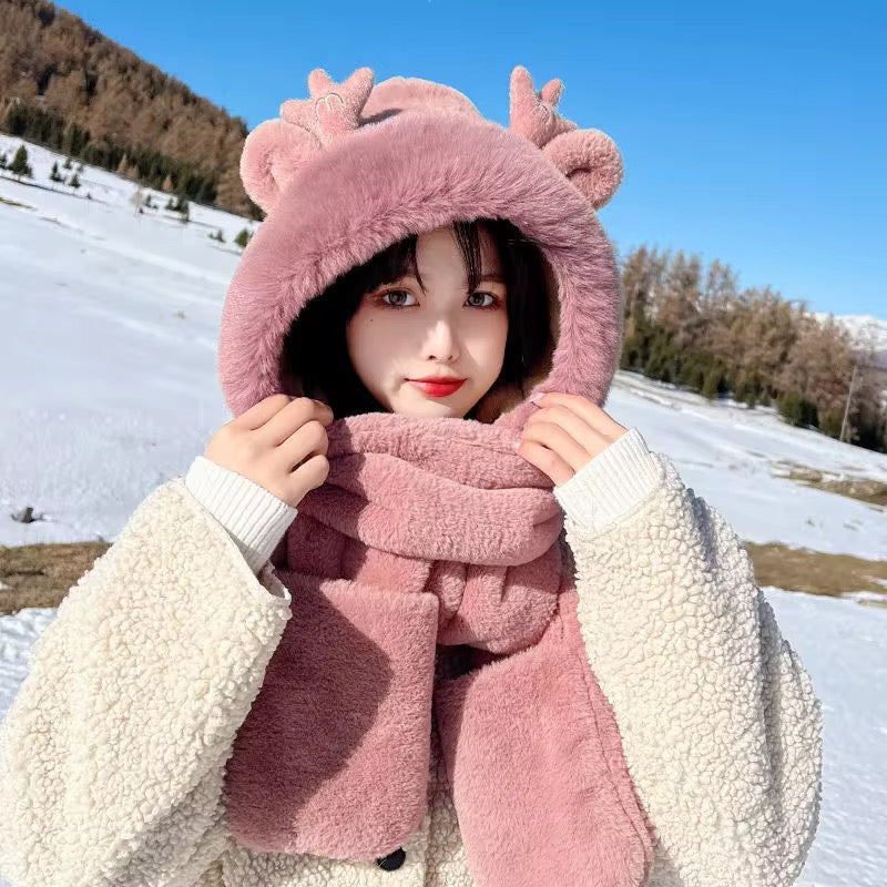 Plush Deer/Reindeer Hooded Scarf with Mittens (3-in-1)