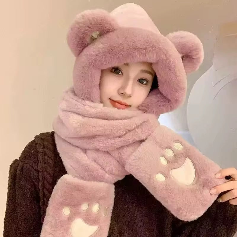 Ultra-Soft Bear Ears Hooded Scarf & Paw Mittens Set